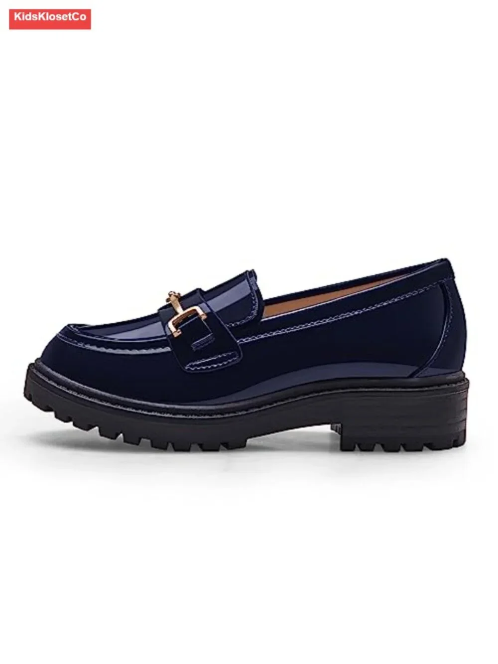 Girls Platform Loafers Slip On Chain Chunky Heel Faux Leather Round Toe School